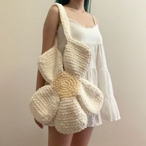 Handmade Knit Crochet Cream White Light Yellow Flower Tote Bag Daisy Purse Y2k